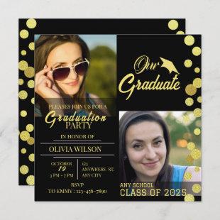 Black and Gold Graduation Photo Invitation