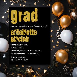 Black and Gold Grunge Typography Graduation Party Invitation