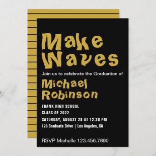 Black and Gold Make Waves Surf Graduation Party Invitation