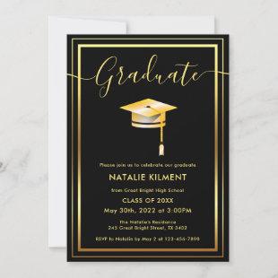 Black and Gold Modern Graduate Cap Graduation Invitation