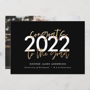 Black and gold modern script photo graduation invitation