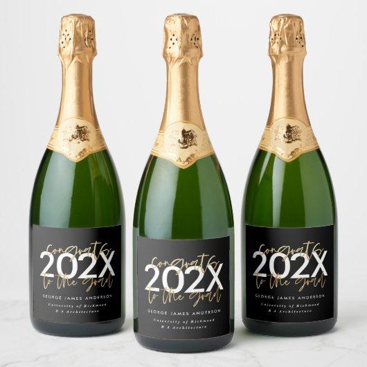 Black and gold modern script stylish graduation wi sparkling wine label
