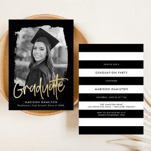 Black and Gold Script Photo Graduation Party Foil Invitation
