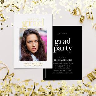 Black and Gold Serif Photo Graduation Party Foil Invitation