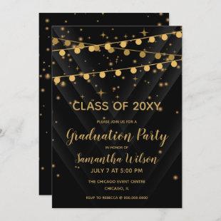 Black and Gold String Lights Graduation Party Invitation