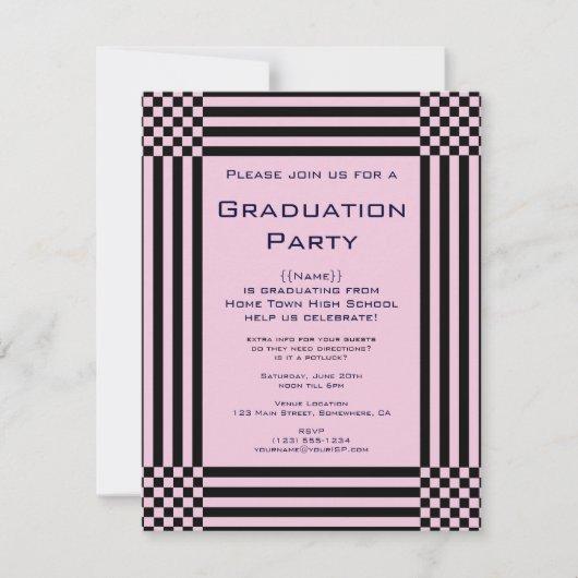 Black and Pink Checkers Stripes Graduation Party Invitation