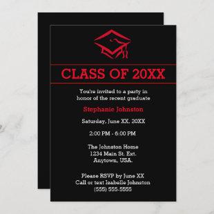 Black and Red Mortarboard Simple Graduation Party Invitation