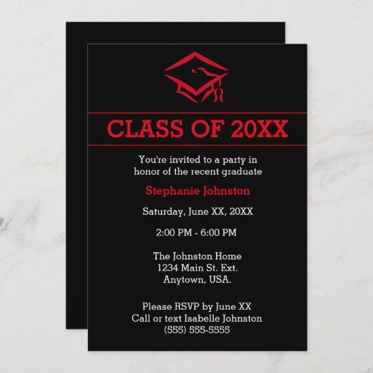 Black and Red Mortarboard Simple Graduation Party Invitation