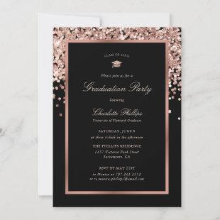 Black and Rose Gold Glitter Graduation Party  Invitation