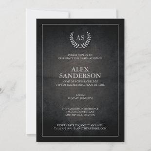 Black and Silver Monogram/Laurel Wreath Graduation Invitation