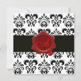 BLACK AND WHITE DAMASK, RED WAX SEAL MONOGRAM, INVITATION