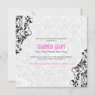 Black And White Floral Damasks-Elegant Grad Invite