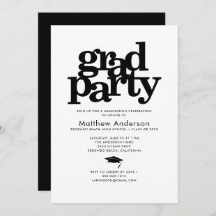 Black and white grad party modern bold typography invitation