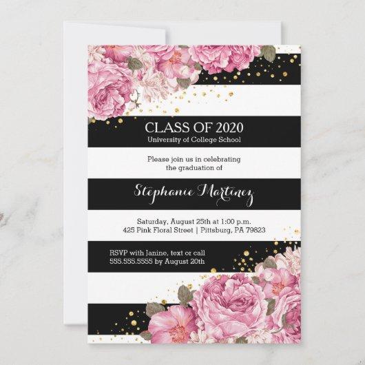Black and white stripes and pink floral graduation invitation