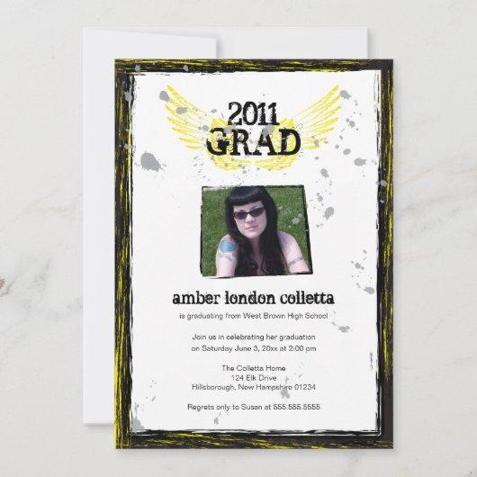 Black and Yellow Wings Grunge Graduation Invitation