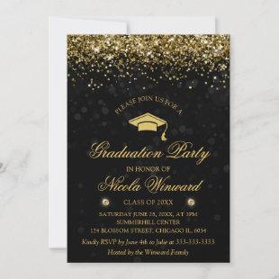 Black Bokeh & Gold Glitter Graduation Party Invitation