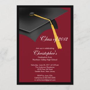 Black Burgundy Grad Cap Graduation Party Invitation