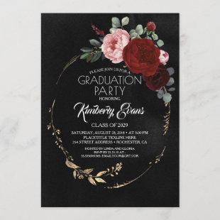 Black Burgundy Red and Gold Floral Graduation Invitation