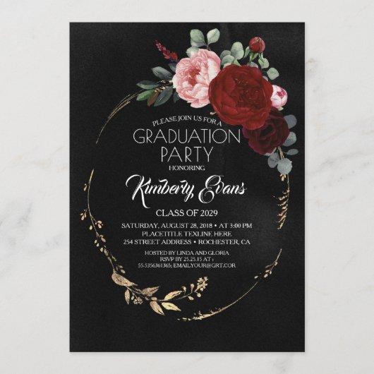 Black Burgundy Red and Gold Floral Graduation Invitation
