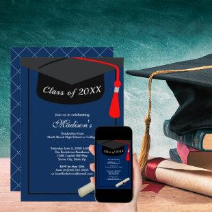 Black Cap Diploma Modern Blue Graduation Party Invitation