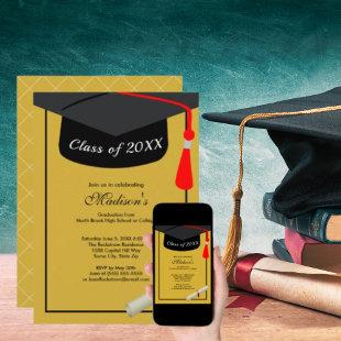 Black Cap Diploma Modern Gold Graduation Party Invitation