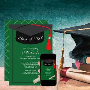 Black Cap Diploma Modern Green Graduation Party Invitation