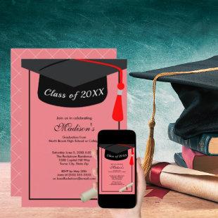 Black Cap Diploma Modern Pink Graduation Party Invitation