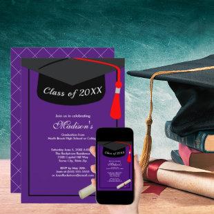 Black Cap Diploma Modern Purple Graduation Party Invitation