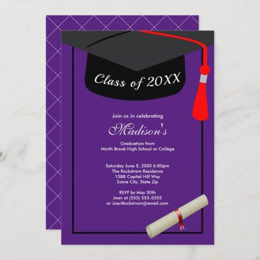 Black Cap Diploma Modern Purple Graduation Party Invitation