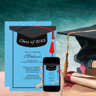 Black Cap Diploma Modern Sky Blue Graduation Party Invitation