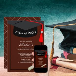 Black Cap Diploma Simple Graduation Party Brown Invitation