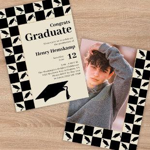 Black Checkered Boy's Graduation Party Photo Invitation
