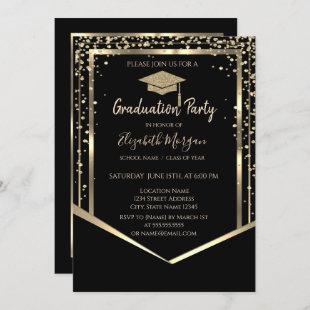 Black, Diamonds Gold Graduation Cap Graduation Invitation