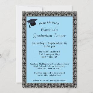 Black Frame Dinner Cap Light Blue Graduation Invitation