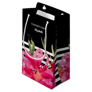 Black | Fuchsia Watercolor Floral Graduation  Small Gift Bag