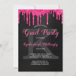 Black Glam Hot Pink Glitter Drips Graduation Party Invitation