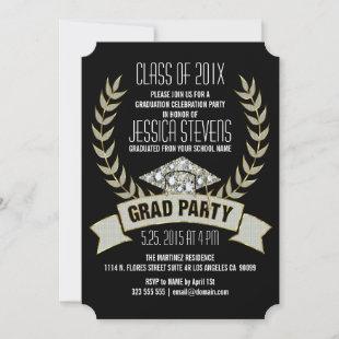Black & Glitter & Gold Wreath Grad Party Invie Invitation