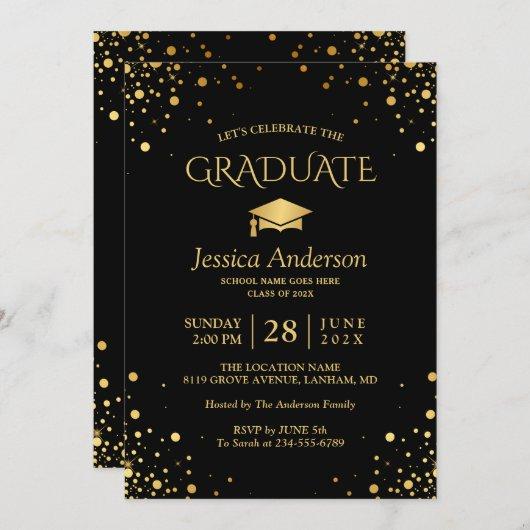 Black Gold Confetti Dots Graduate Graduation Party Invitation