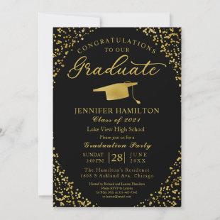 Black Gold Confetti Graduation Party Invitation