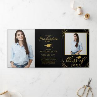 Black Gold Confetti Photo Graduation Party Tri-Fold Invitation