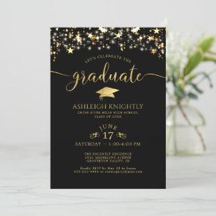 Black Gold Confetti Stars Graduation Party Invitation