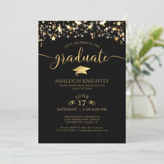 Black Gold Confetti Stars Graduation Party Invitation