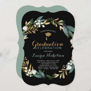 Black Gold Floral Graduation Invitation