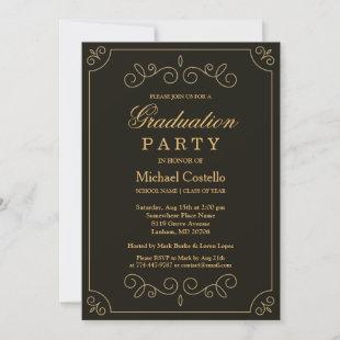 Black Gold Frame Borders Graduation Party Invitation