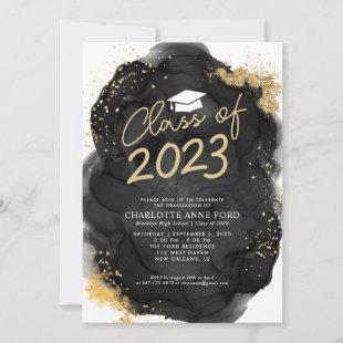 Black Gold Glitter Alcohol Ink Graduation Party Invitation