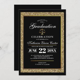 Black|Gold Glitter Law School Graduation Party Invitation