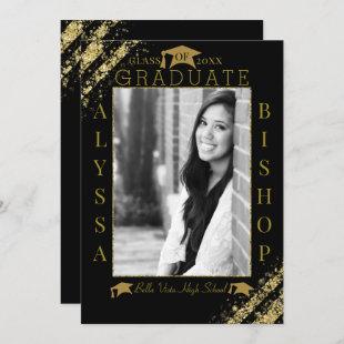 Black & Gold Glitter Photo Graduation Graduate Invitation