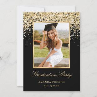Black Gold Glitter Photo Graduation Party Invitation