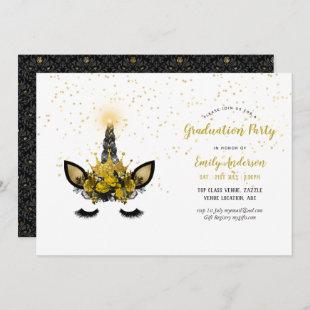 Black Gold Glitter Unicorn GRADUATION Girl Party Invitation