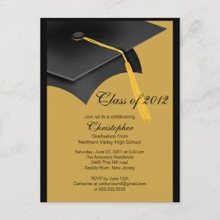 Black Gold Grad Cap Graduation Party Invitation